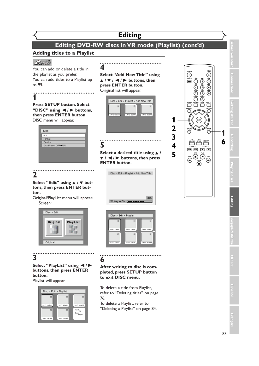 FUNAI FDR-90E owner manual Adding titles to a Playlist, To delete a title from Playlist, refer to Deleting titles on 