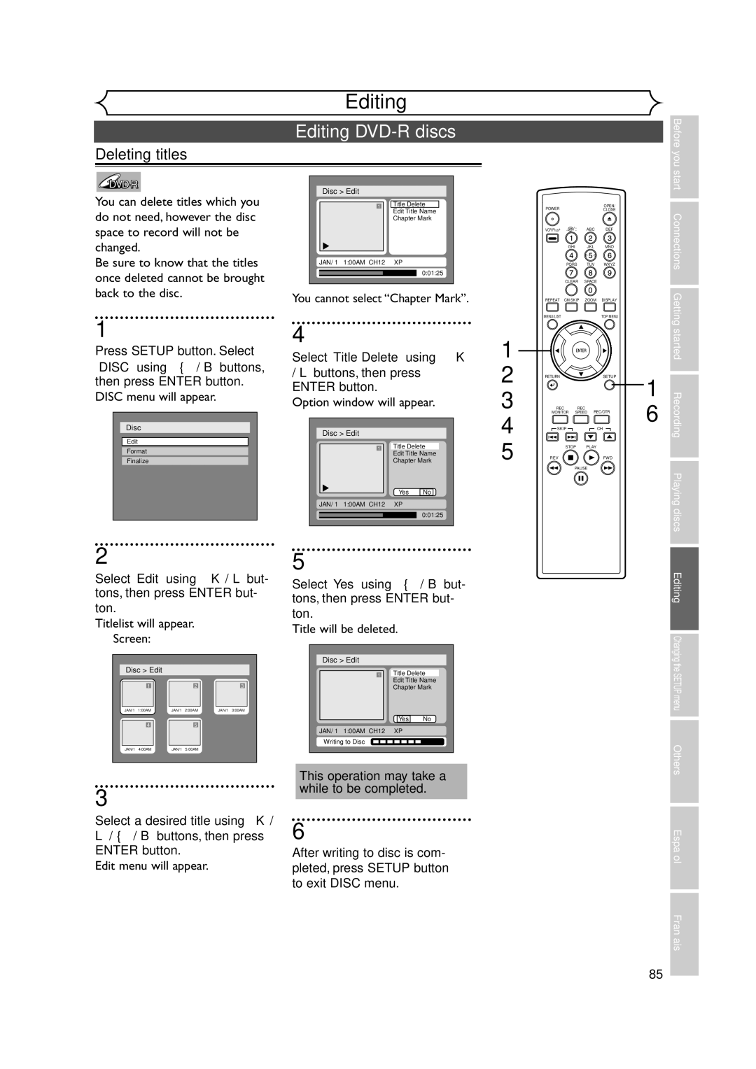 FUNAI FDR-90E owner manual Editing DVD-R discs, You cannot select Chapter Mark 