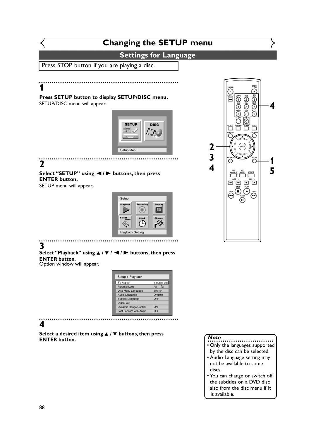 FUNAI FDR-90E Settings for Language, Press Setup button to display SETUP/DISC menu, SETUP/DISC menu will appear 