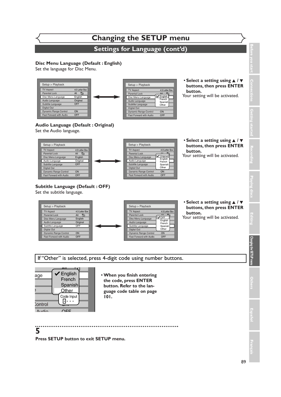 FUNAI FDR-90E owner manual Settings for Language cont’d 