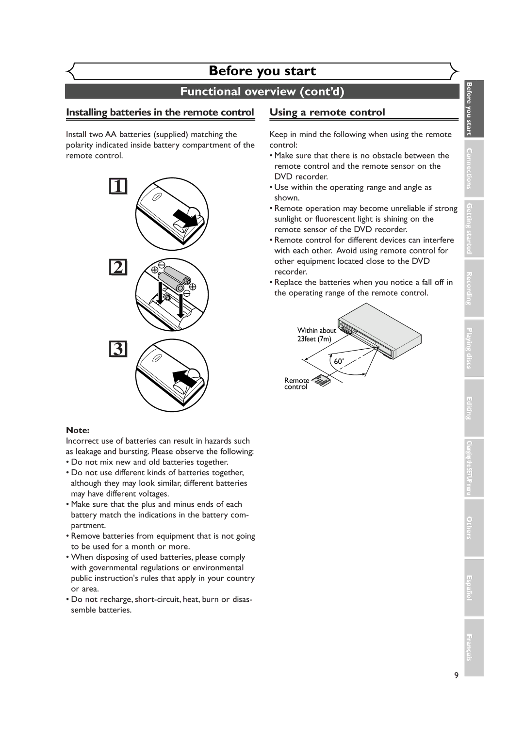 FUNAI FDR-90E owner manual Within about 23feet 7m 60˚ 