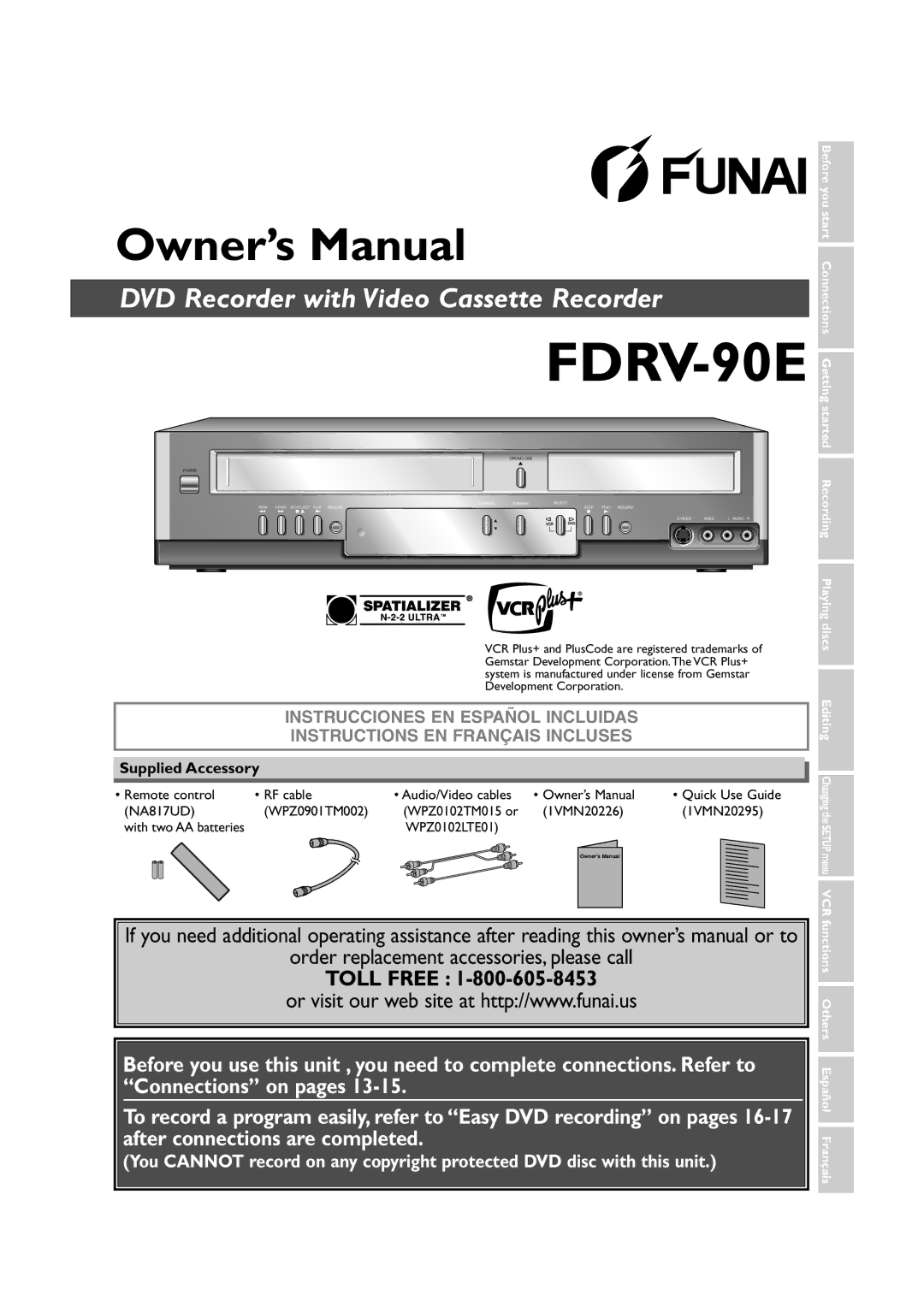 FUNAI FDRV90E owner manual Supplied Accessory, Remote control RF cable, NA817UD WPZ0901TM002, With two AA batteries 