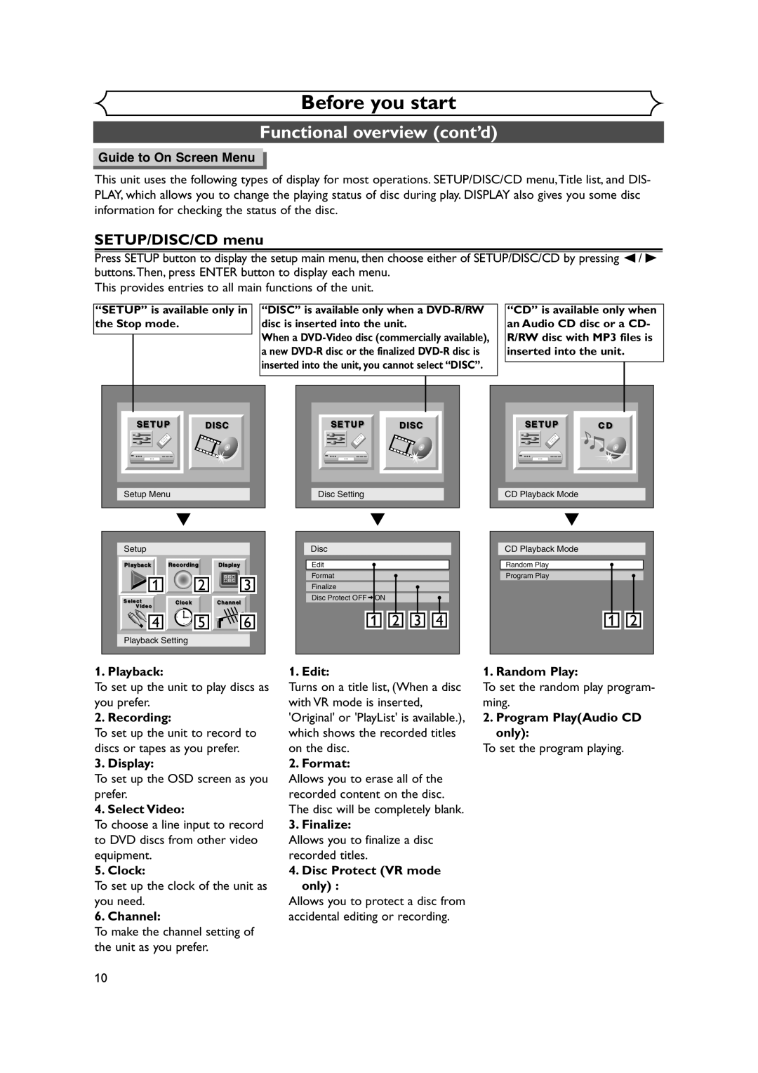 FUNAI FDRV90E owner manual SETUP/DISC/CD menu 