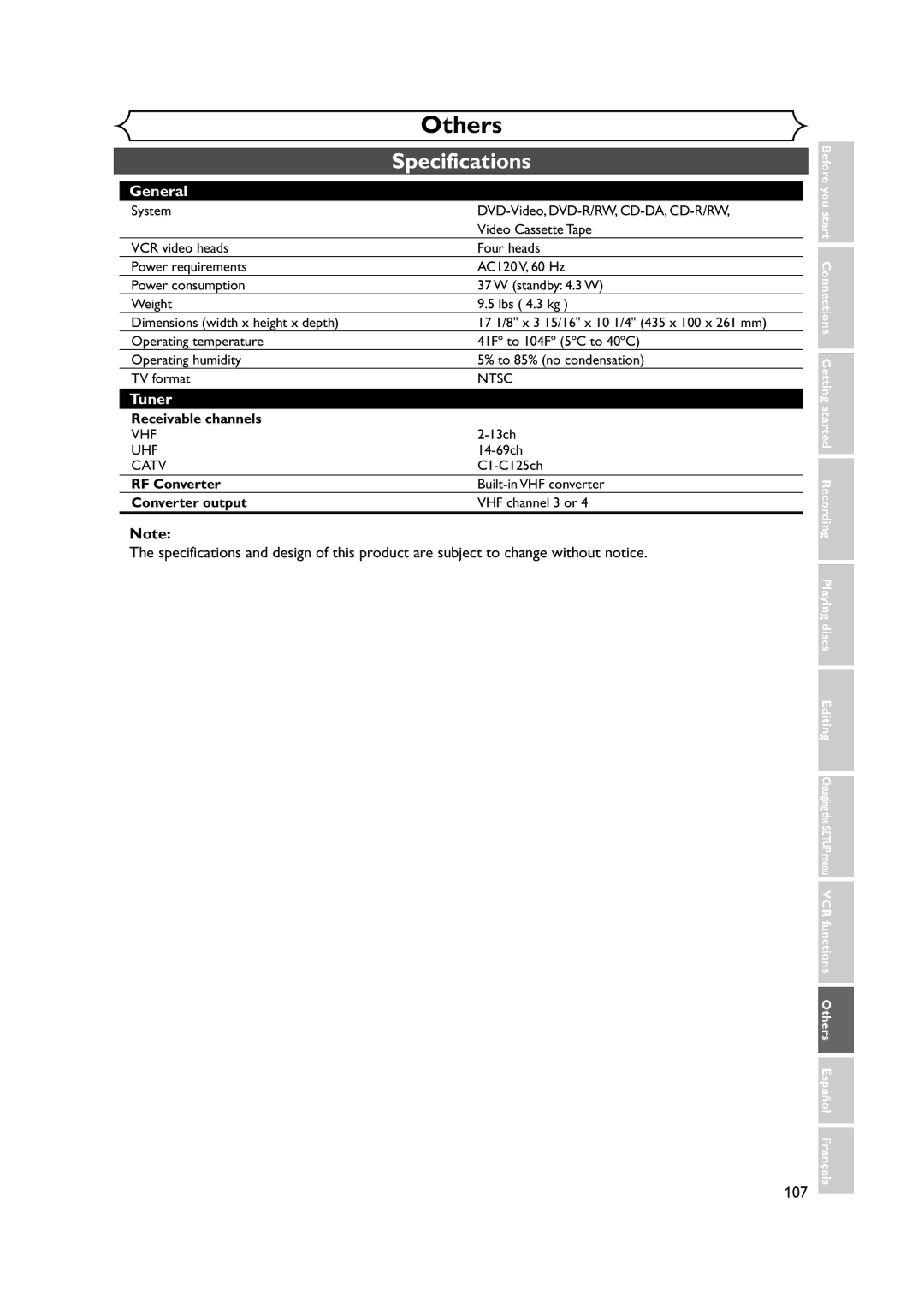 FUNAI FDRV90E owner manual Specifications, 107 