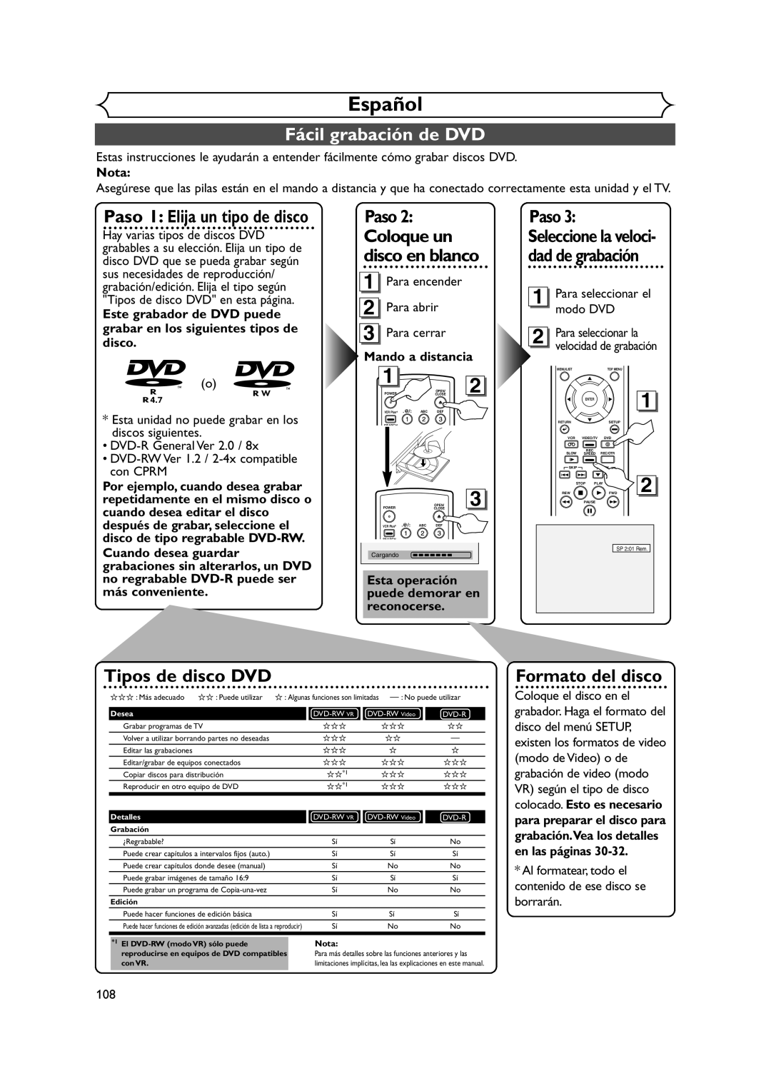 FUNAI FDRV90E Español, Fácil grabación de DVD, Nota, Mando a distancia, Esta operación puede demorar en reconocerse 