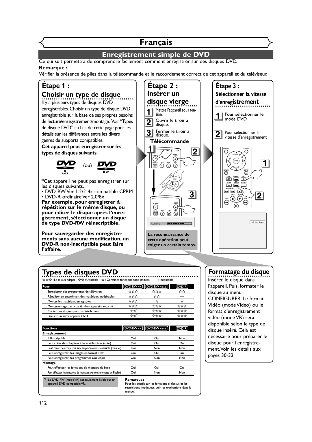 FUNAI FDRV90E owner manual Français, Enregistrement simple de DVD, Sélectionner la vitesse, Remarque, Télécommande 