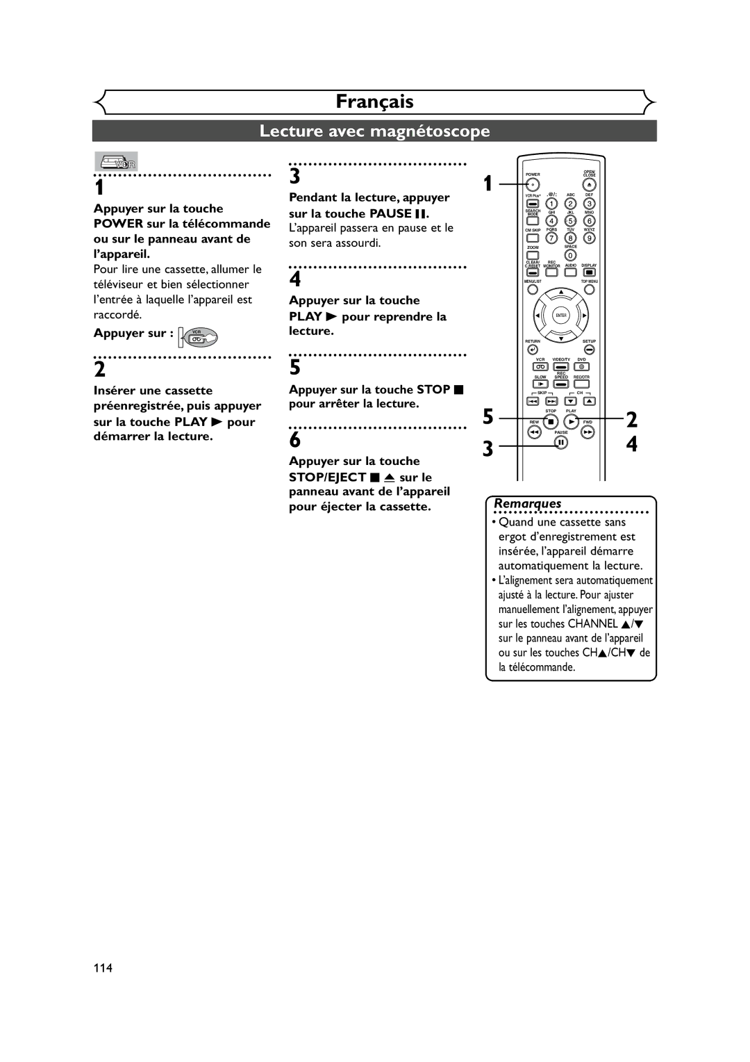 FUNAI FDRV90E owner manual Lecture avec magnétoscope, 114 