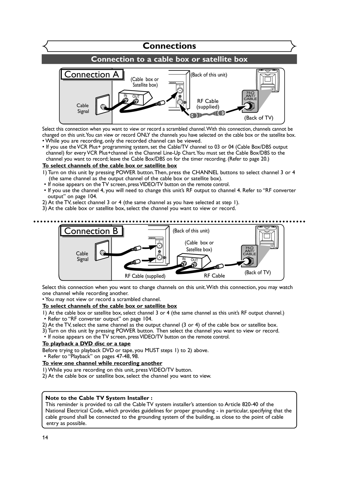 FUNAI FDRV90E owner manual Connection to a cable box or satellite box, To select channels of the cable box or satellite box 