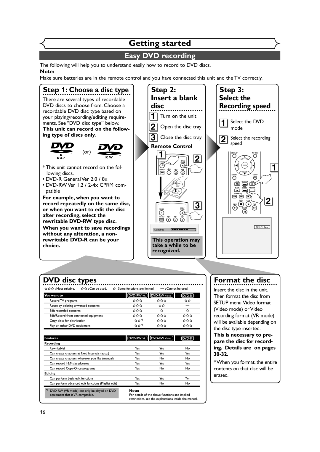 FUNAI FDRV90E owner manual Getting started, Easy DVD recording 