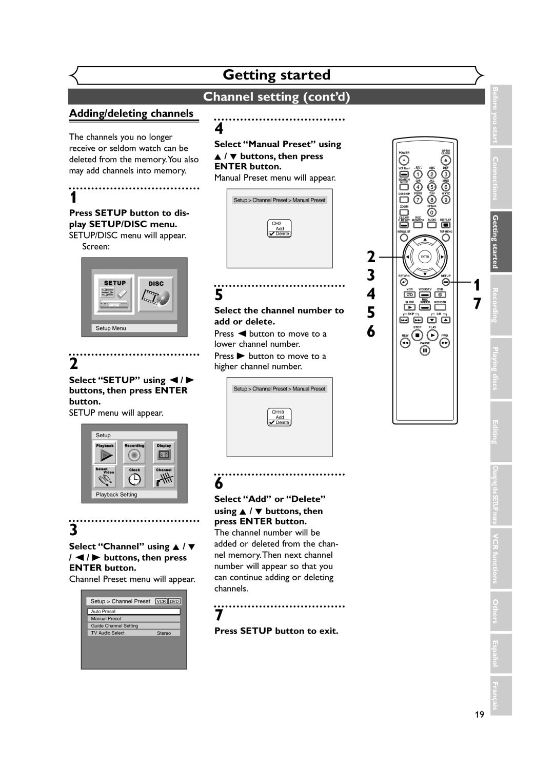 FUNAI FDRV90E owner manual Channel setting cont’d, Select Manual Preset using Buttons, then press Enter button 