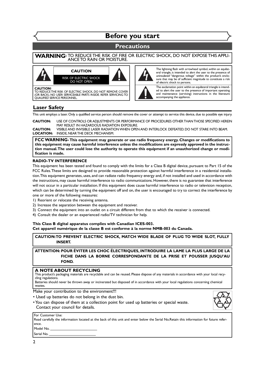 FUNAI FDRV90E owner manual Before you start, Precautions, Laser Safety, Model No Serial No 