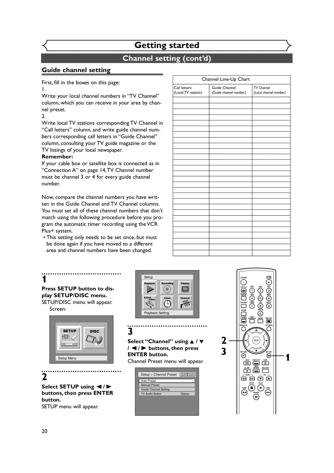 FUNAI FDRV90E owner manual Guide channel setting, Remember 