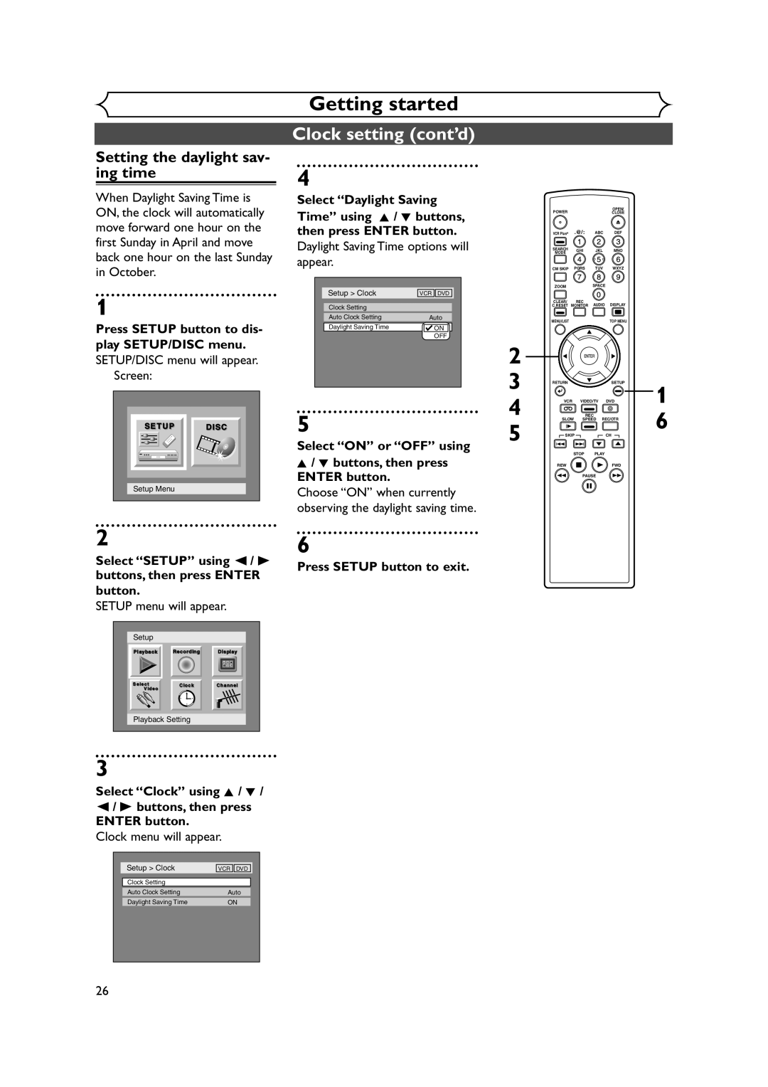 FUNAI FDRV90E owner manual Setting the daylight sav- ing time, Daylight Saving Time options will appear 