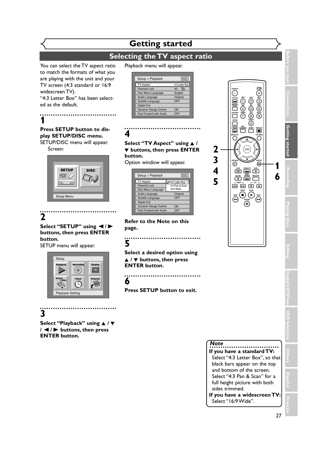 FUNAI FDRV90E Selecting the TV aspect ratio, Letter Box has been select- ed as the default, Playback menu will appear 