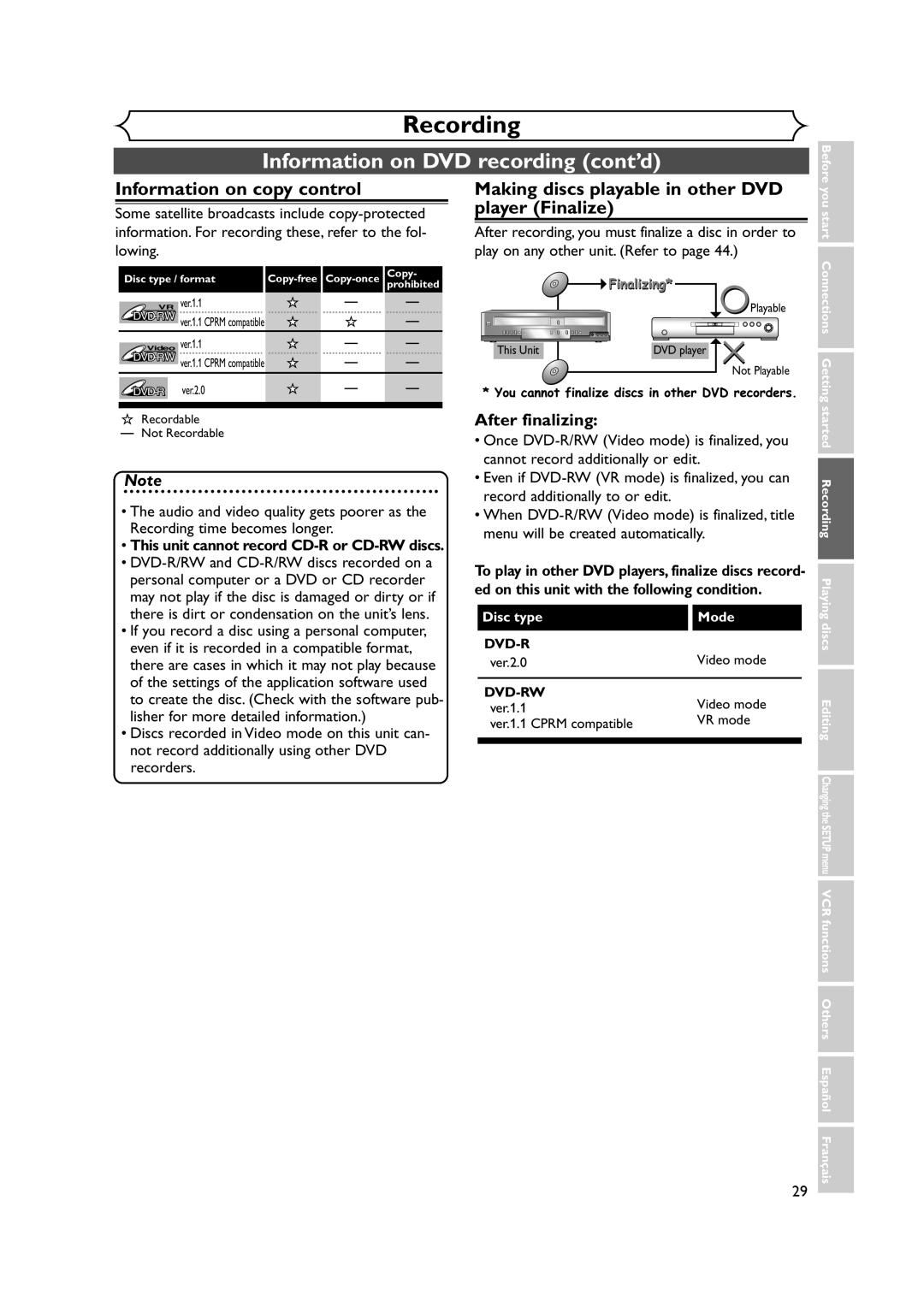 FUNAI FDRV90E owner manual Information on DVD recording cont’d, Information on copy control 