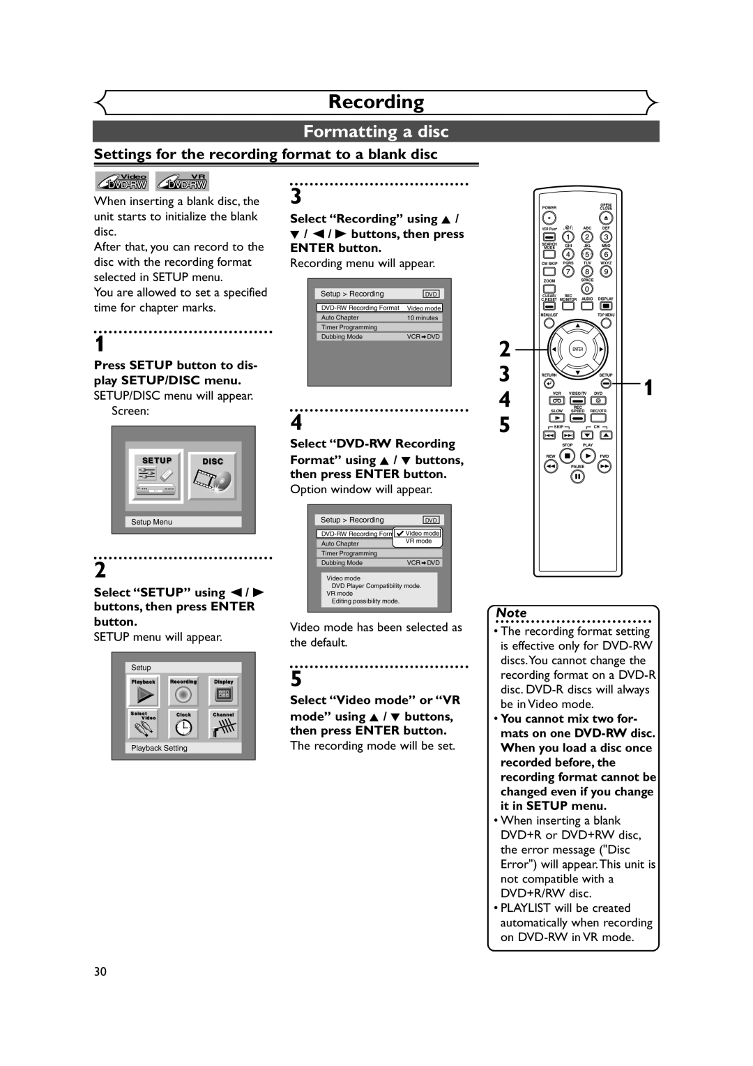 FUNAI FDRV90E Formatting a disc, Settings for the recording format to a blank disc, SETUP/DISC menu will appear Screen 