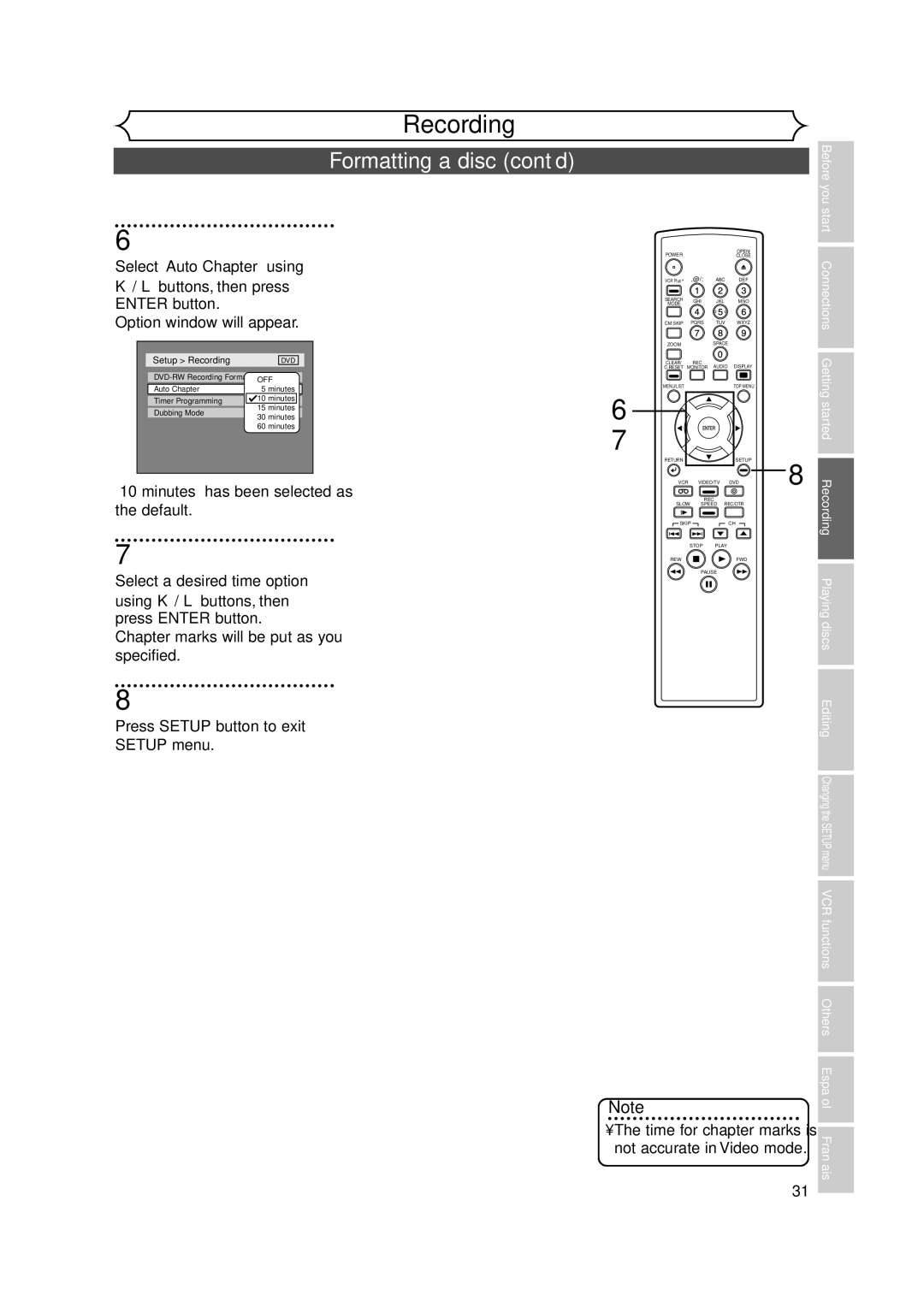 FUNAI FDRV90E owner manual Formatting a disc cont’d, Select Auto Chapter using, Option window will appear 