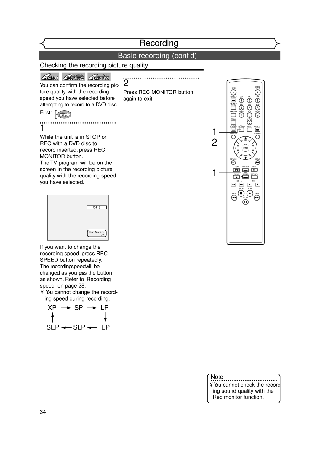 FUNAI FDRV90E owner manual Basic recording cont’d, Checking the recording picture quality, Xp Sp Lp 