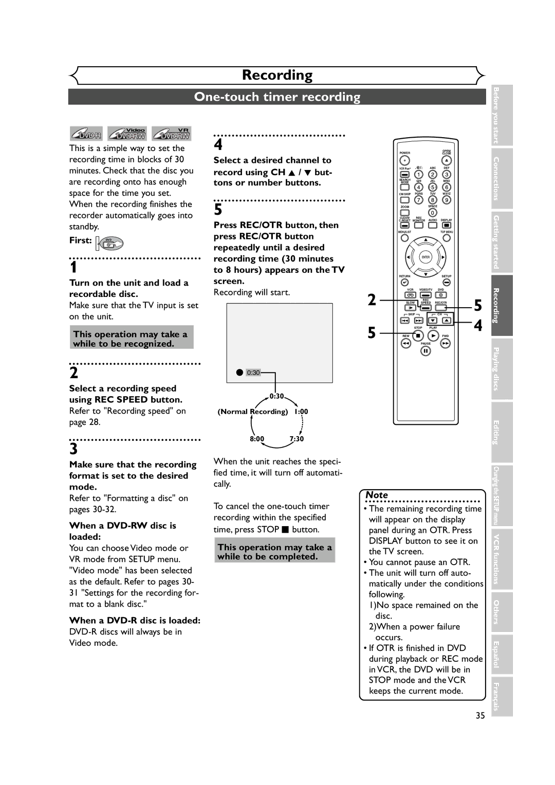 FUNAI FDRV90E owner manual One-touch timer recording 