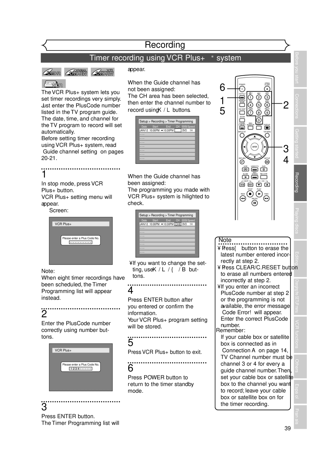 FUNAI FDRV90E When the Guide channel has, Not been assigned VCR Plus+ system lets you, CH area has been selected 