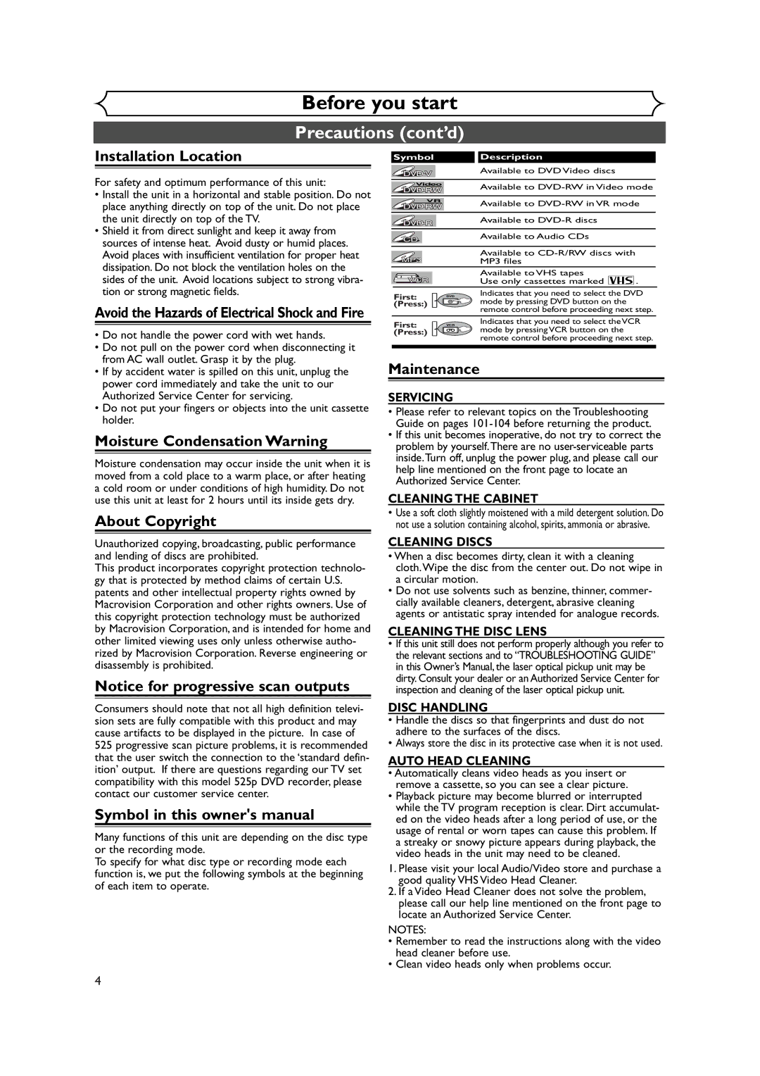 FUNAI FDRV90E owner manual Installation Location, Moisture Condensation Warning, About Copyright, Maintenance 