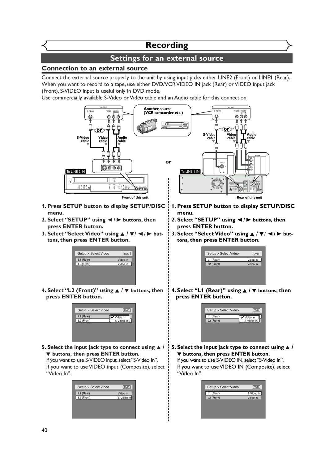 FUNAI FDRV90E owner manual Settings for an external source, Connection to an external source 