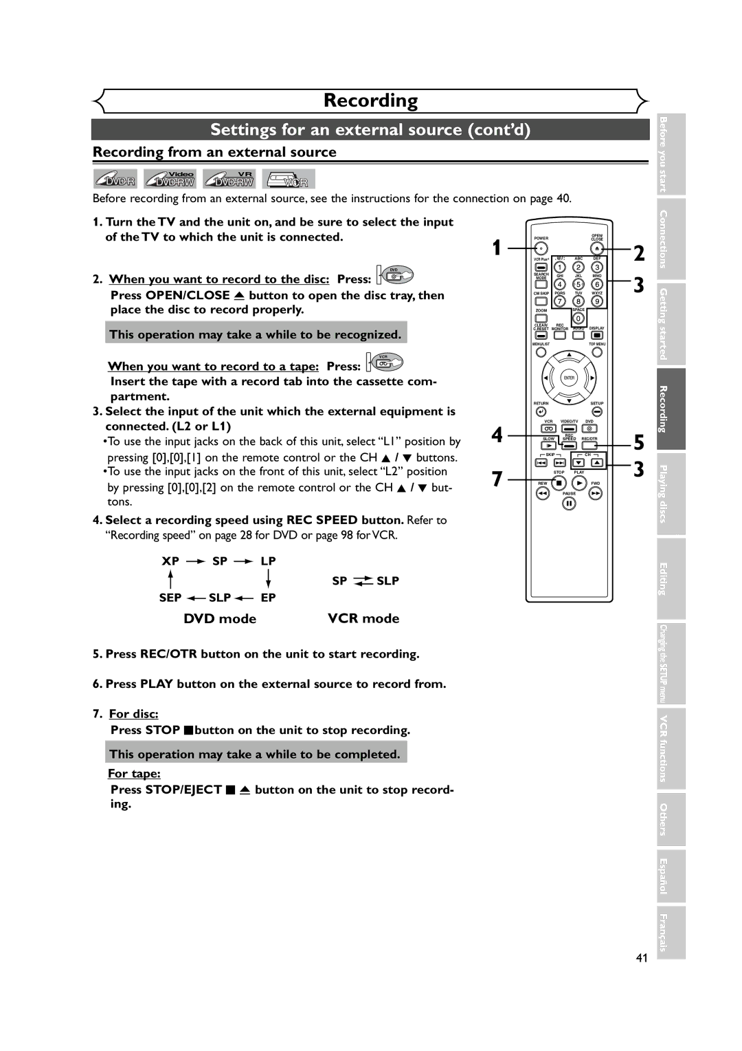 FUNAI FDRV90E owner manual Settings for an external source cont’d, Recording from an external source, Xp Sp Lp 