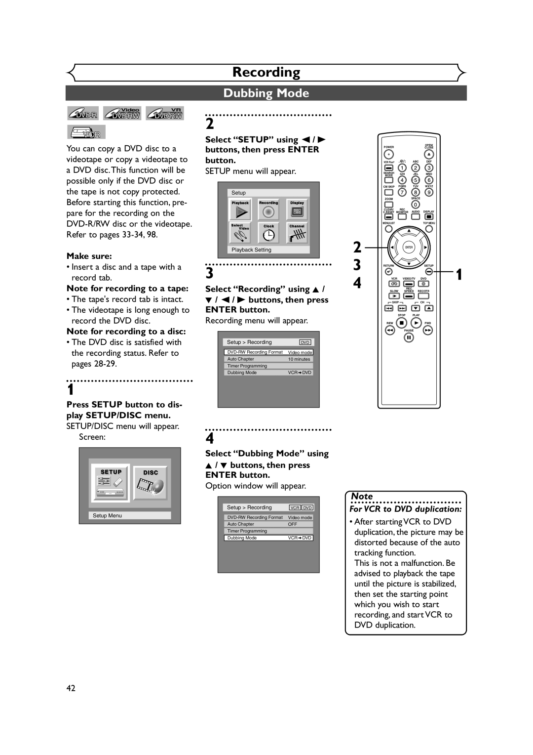 FUNAI FDRV90E owner manual Make sure, Select Dubbing Mode using Buttons, then press Enter button 