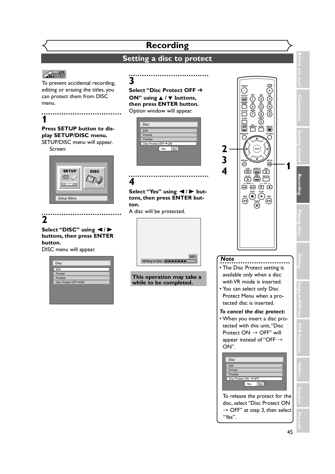 FUNAI FDRV90E owner manual Setting a disc to protect 