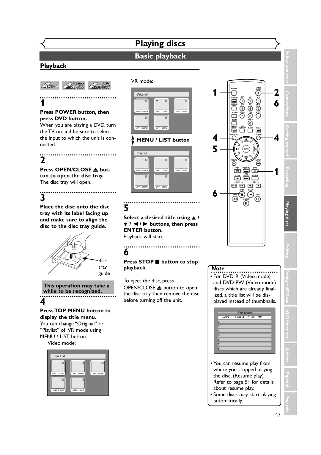 FUNAI FDRV90E owner manual Basic playback, Playback 