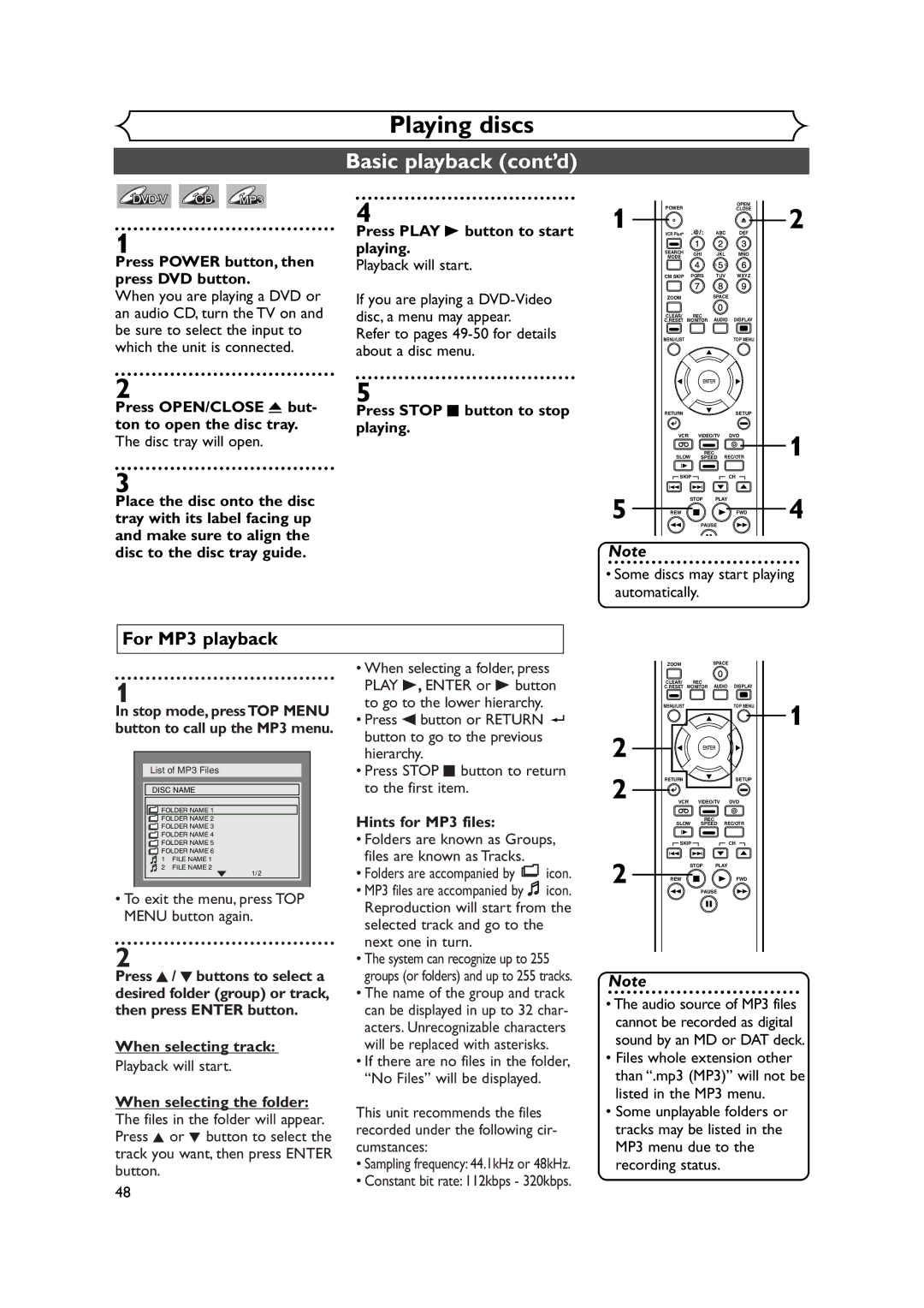 FUNAI FDRV90E owner manual Basic playback cont’d, For MP3 playback 