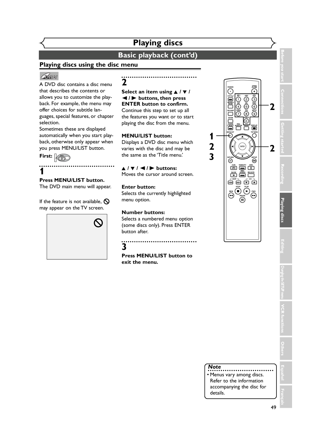 FUNAI FDRV90E owner manual Playing discs using the disc menu 