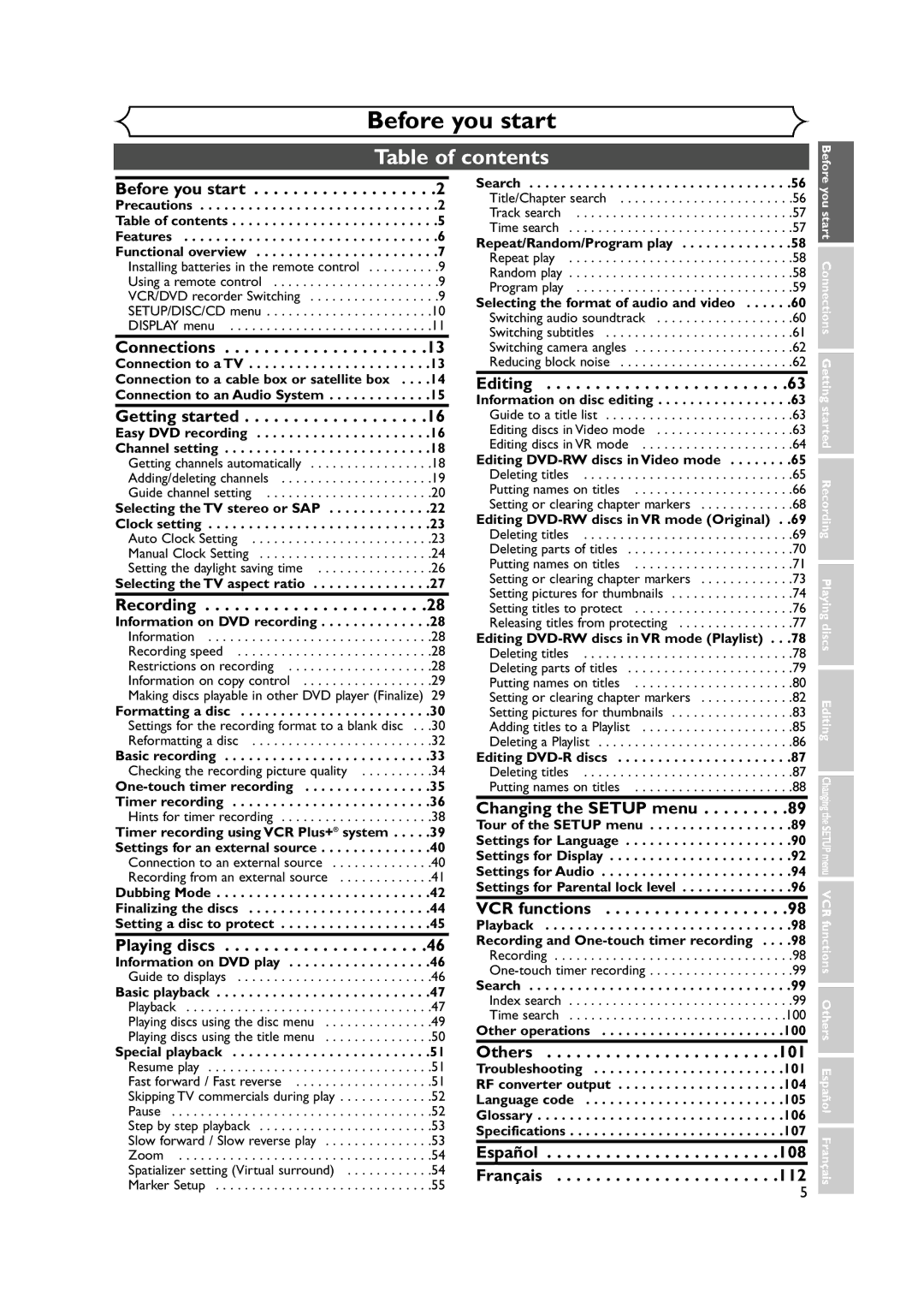 FUNAI FDRV90E owner manual Table of contents 