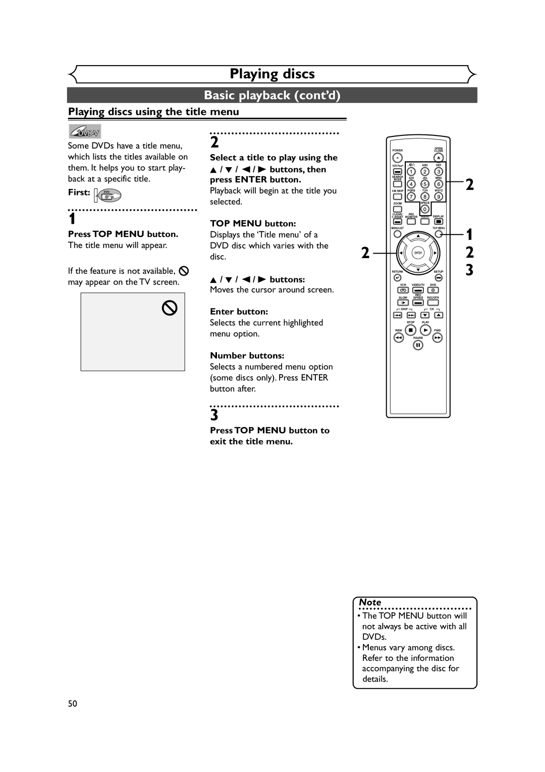 FUNAI FDRV90E owner manual Playing discs using the title menu, First DVD Press TOP Menu button 