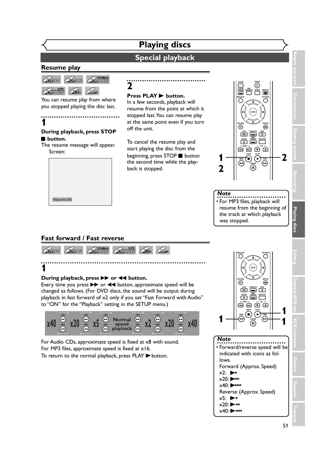 FUNAI FDRV90E owner manual Special playback, Resume play, Fast forward / Fast reverse 