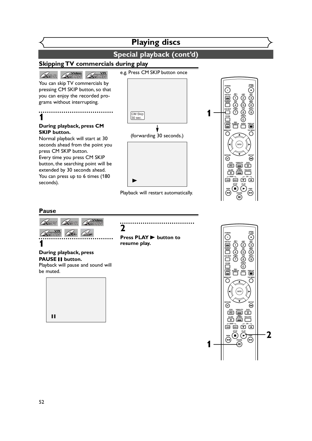 FUNAI FDRV90E owner manual Special playback cont’d, Skipping TV commercials during play, Pause 