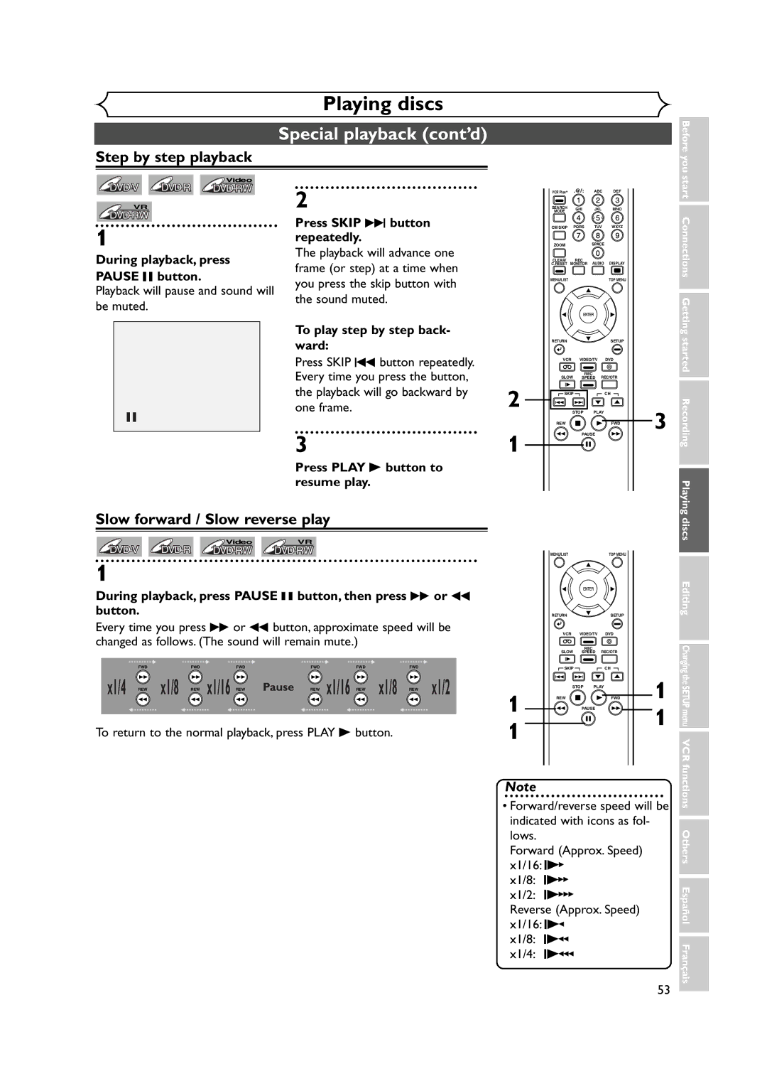 FUNAI FDRV90E owner manual Step by step playback, Slow forward / Slow reverse play 