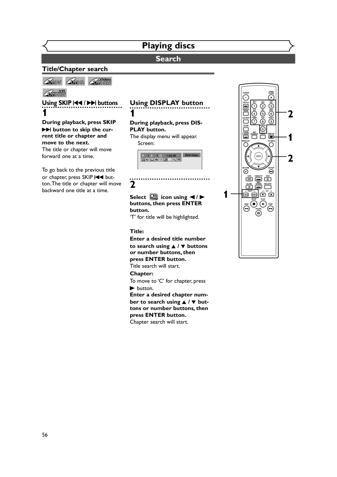 FUNAI FDRV90E owner manual Search, Title/Chapter search, Using Skip H / G buttons, Using Display button 