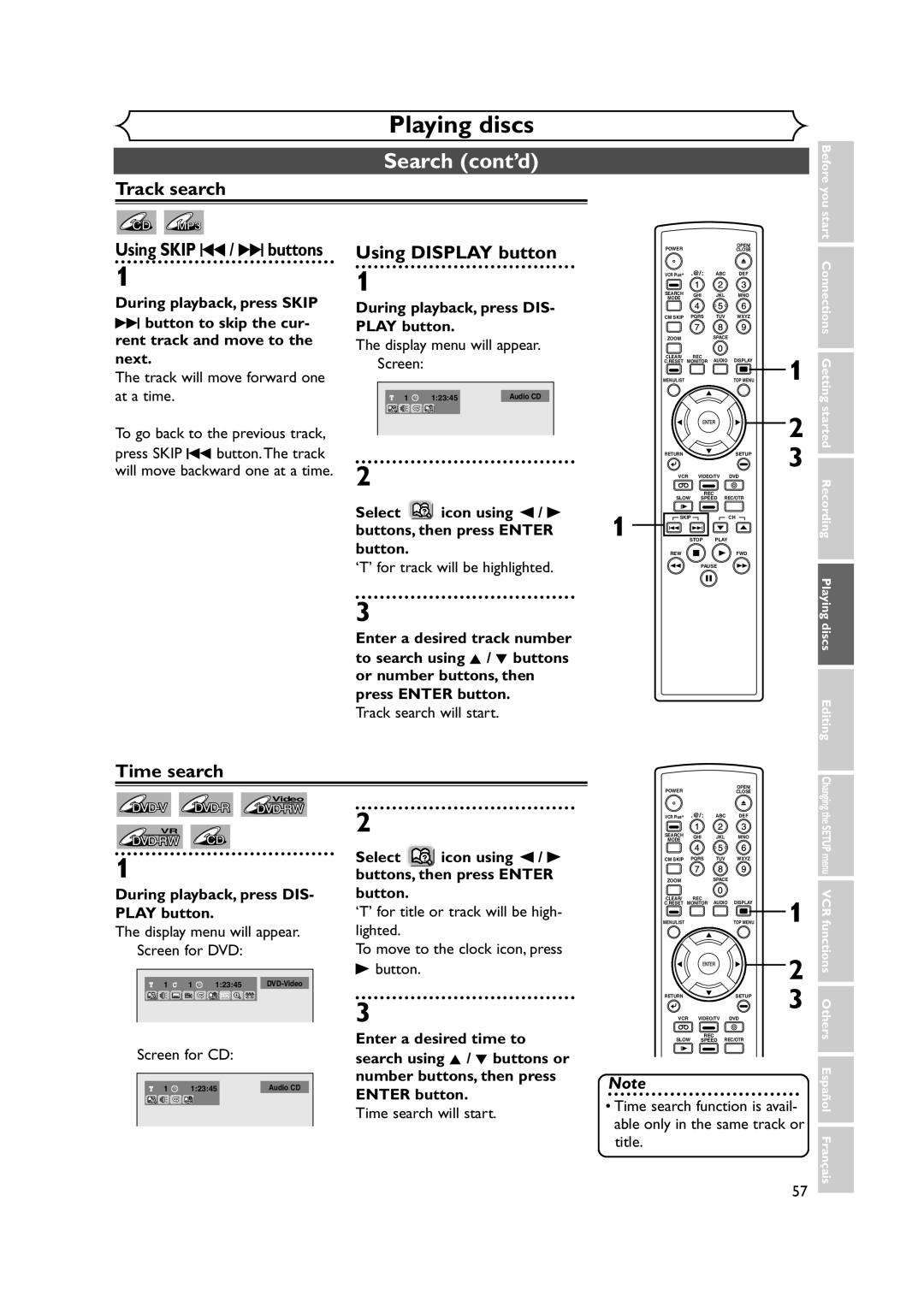 FUNAI FDRV90E owner manual Search cont’d, Track search, Time search, Enter a desired time to search using K / L buttons or 