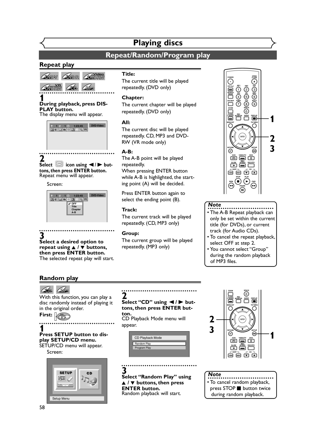 FUNAI FDRV90E owner manual Repeat/Random/Program play, Repeat play, Random play 