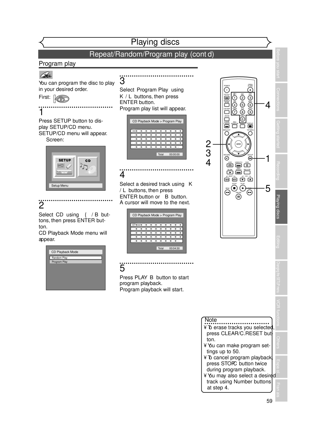 FUNAI FDRV90E owner manual Repeat/Random/Program play cont’d 