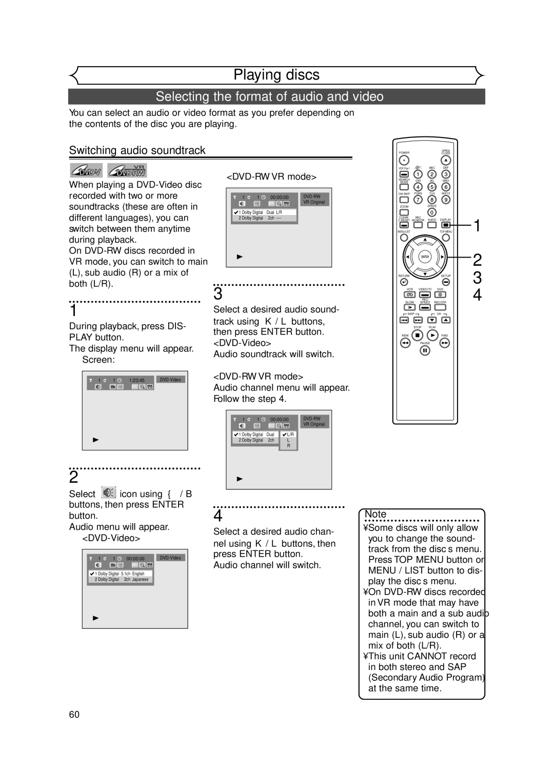 FUNAI FDRV90E Selecting the format of audio and video, Switching audio soundtrack, Audio menu will appear. DVD-Video 