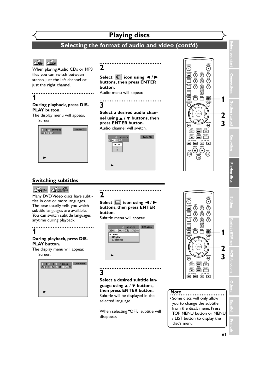 FUNAI FDRV90E owner manual Selecting the format of audio and video cont’d, Switching subtitles 