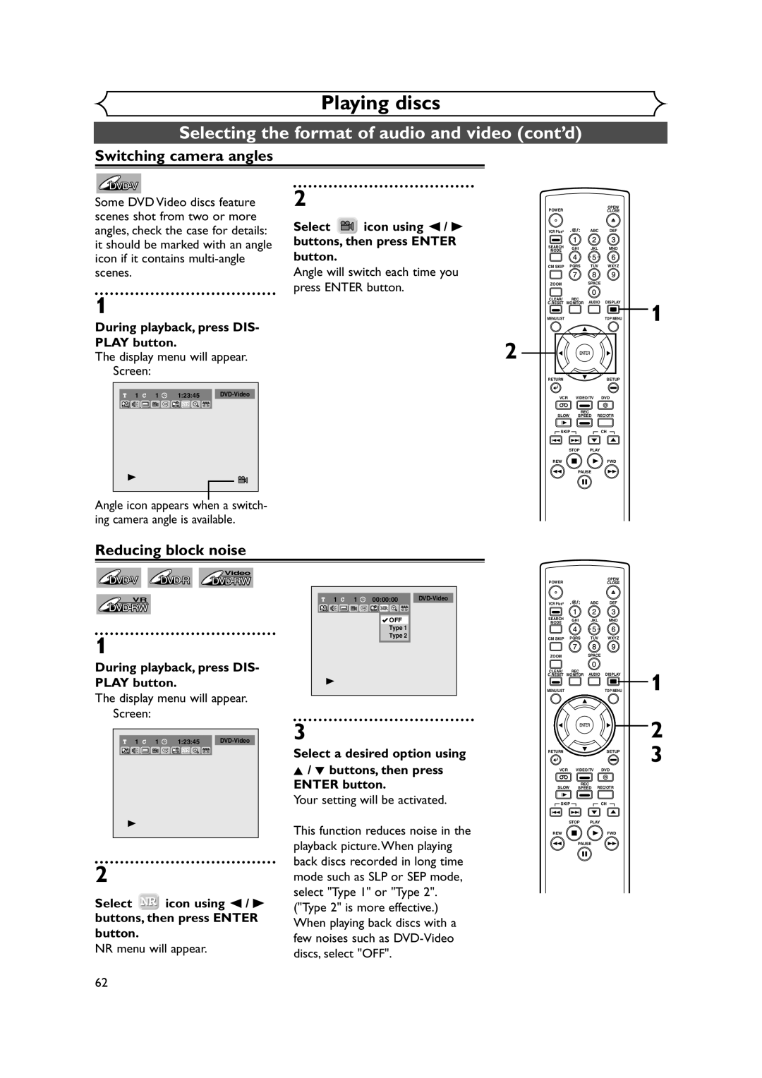 FUNAI FDRV90E Switching camera angles, Reducing block noise, Angle will switch each time you press Enter button 