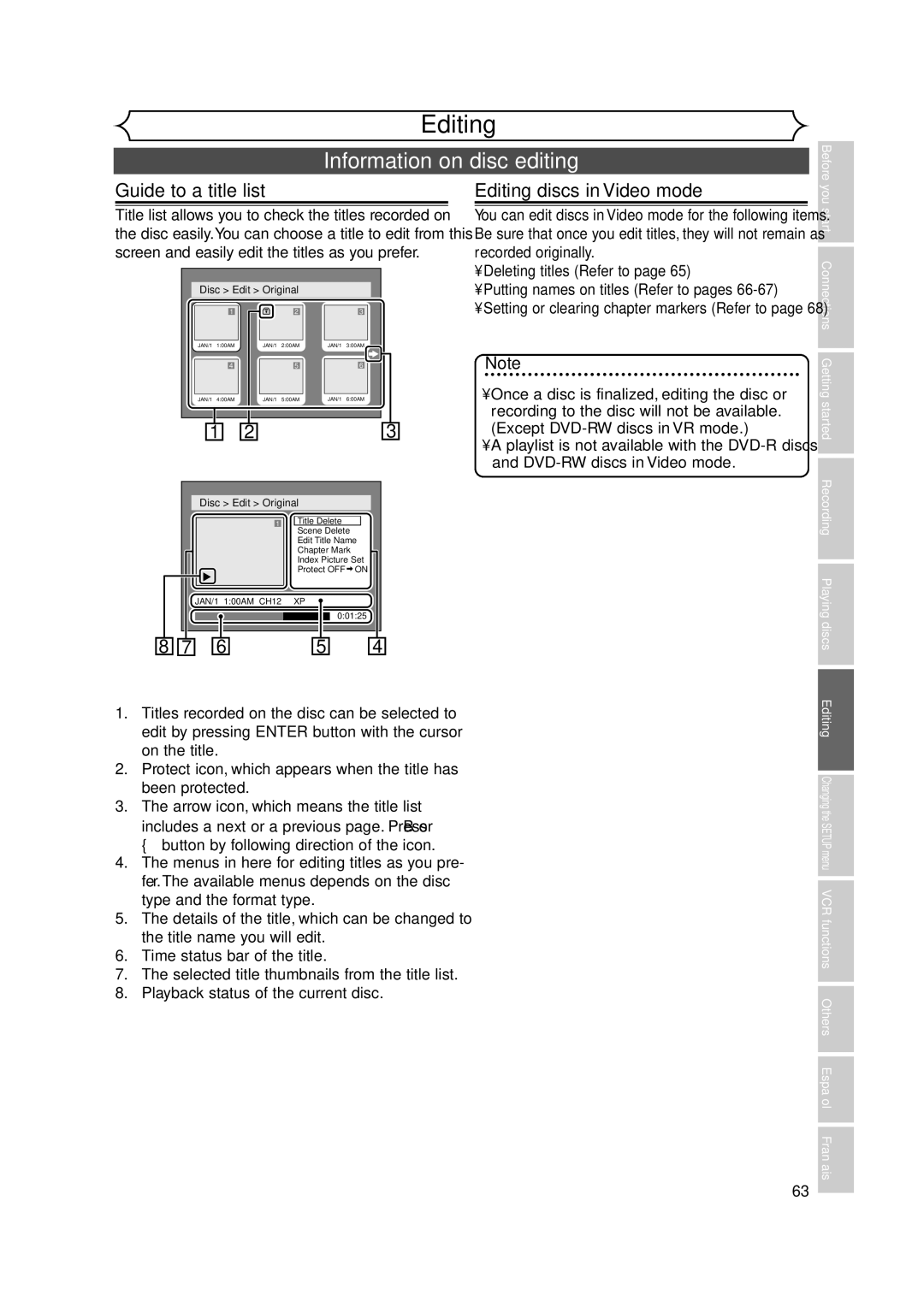 FUNAI FDRV90E owner manual Information on disc editing, Guide to a title list, Editing discs in Video mode 