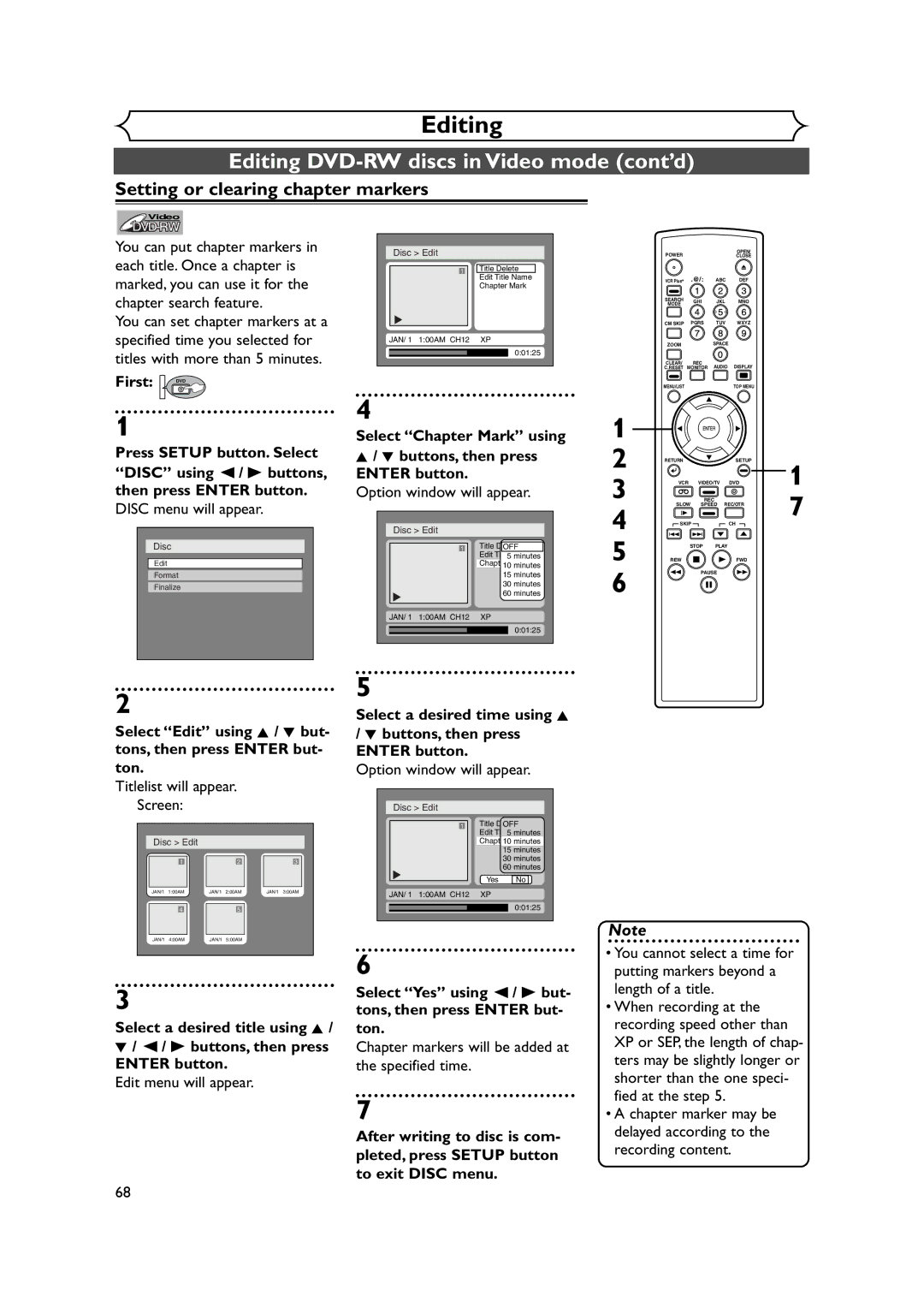 FUNAI FDRV90E owner manual Setting or clearing chapter markers, Select Chapter Mark using Buttons, then press Enter button 