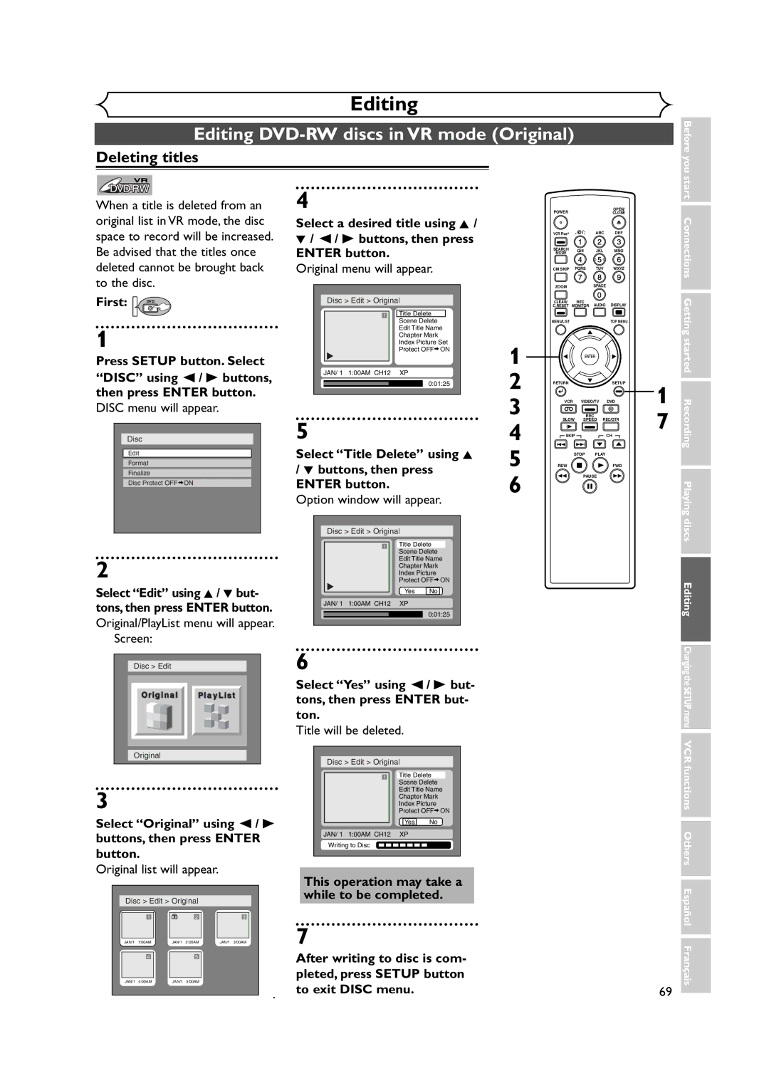 FUNAI FDRV90E owner manual Editing DVD-RW discs in VR mode Original 