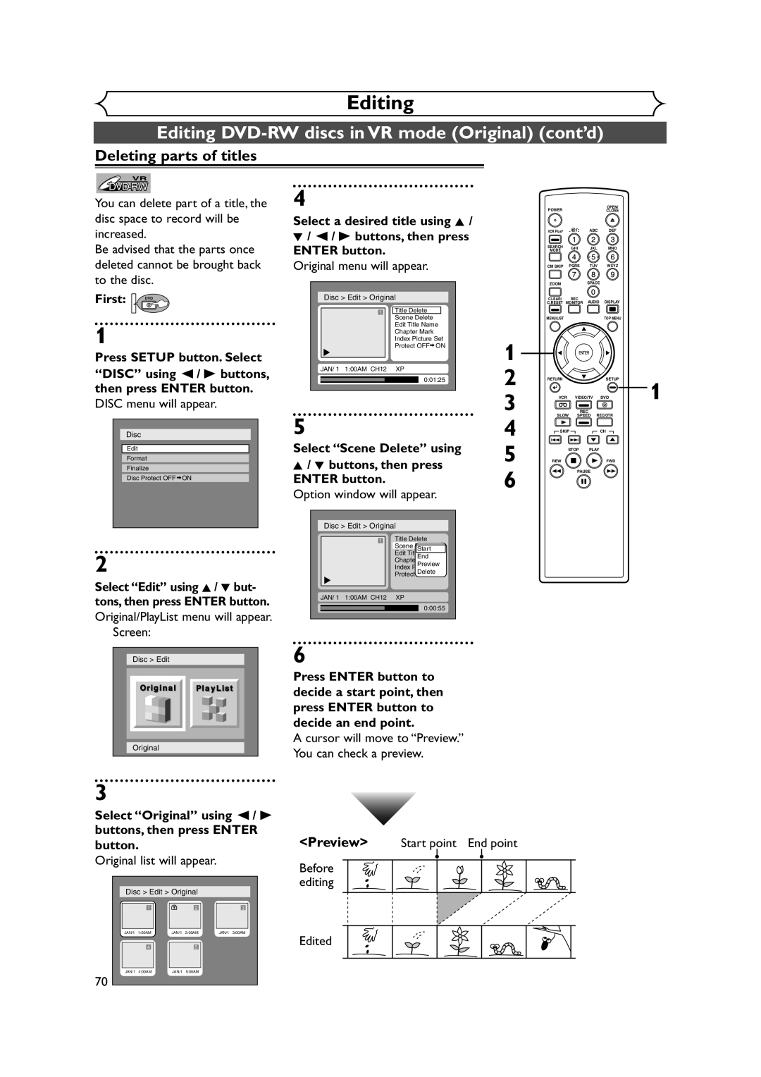 FUNAI FDRV90E owner manual Editing DVD-RW discs in VR mode Original cont’d, Deleting parts of titles 