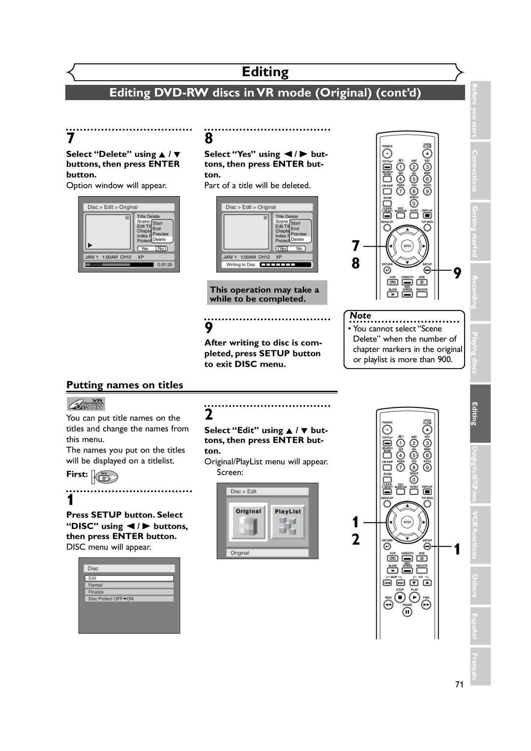 FUNAI FDRV90E owner manual Button Ton, Option window will appear Part of a title will be deleted, You cannot select Scene 