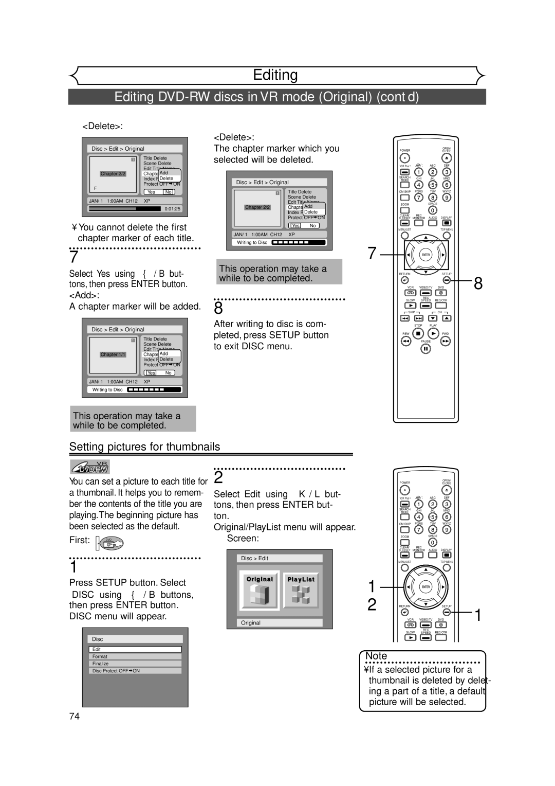 FUNAI FDRV90E owner manual Setting pictures for thumbnails, Delete Chapter marker which you, Selected will be deleted 